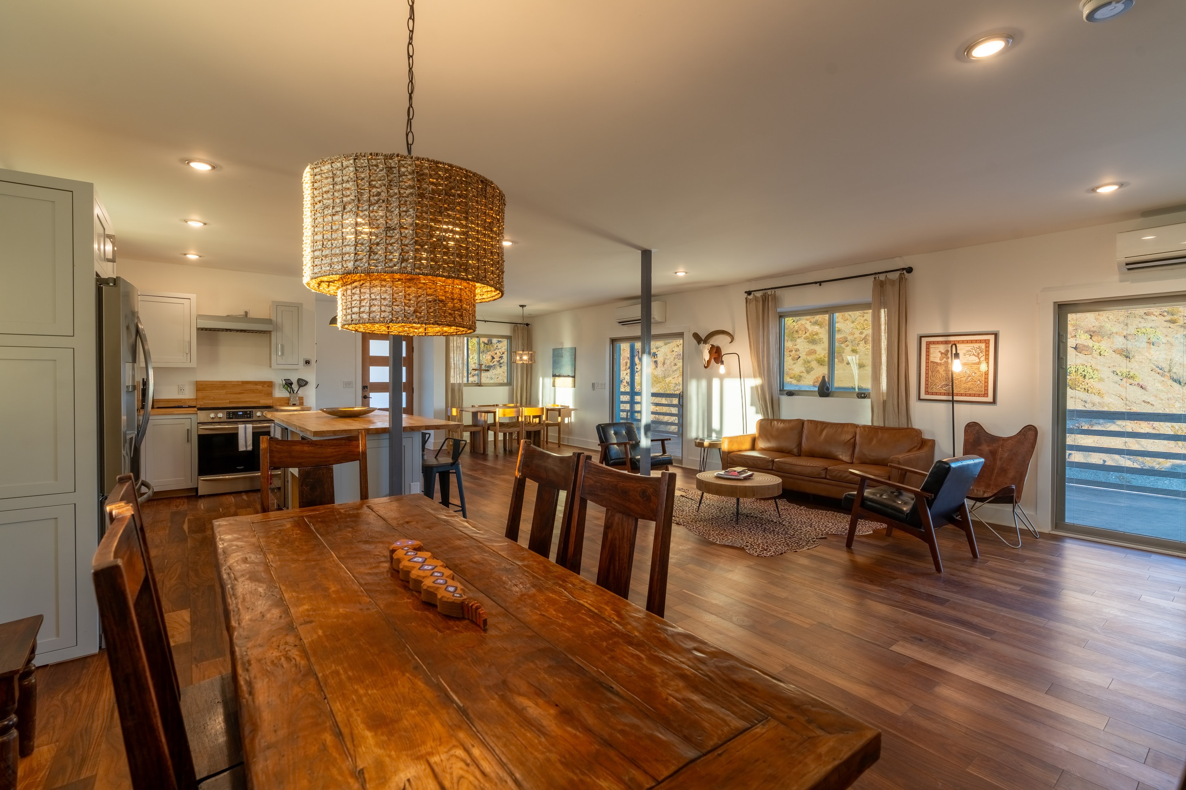 Modern open concept home interior with wood furniture